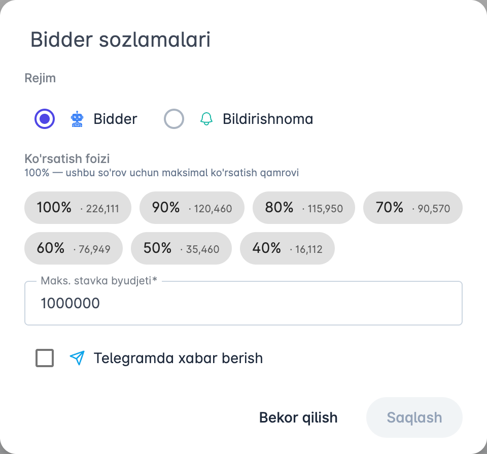 MarketPlus Auto-bidder sozlamalari