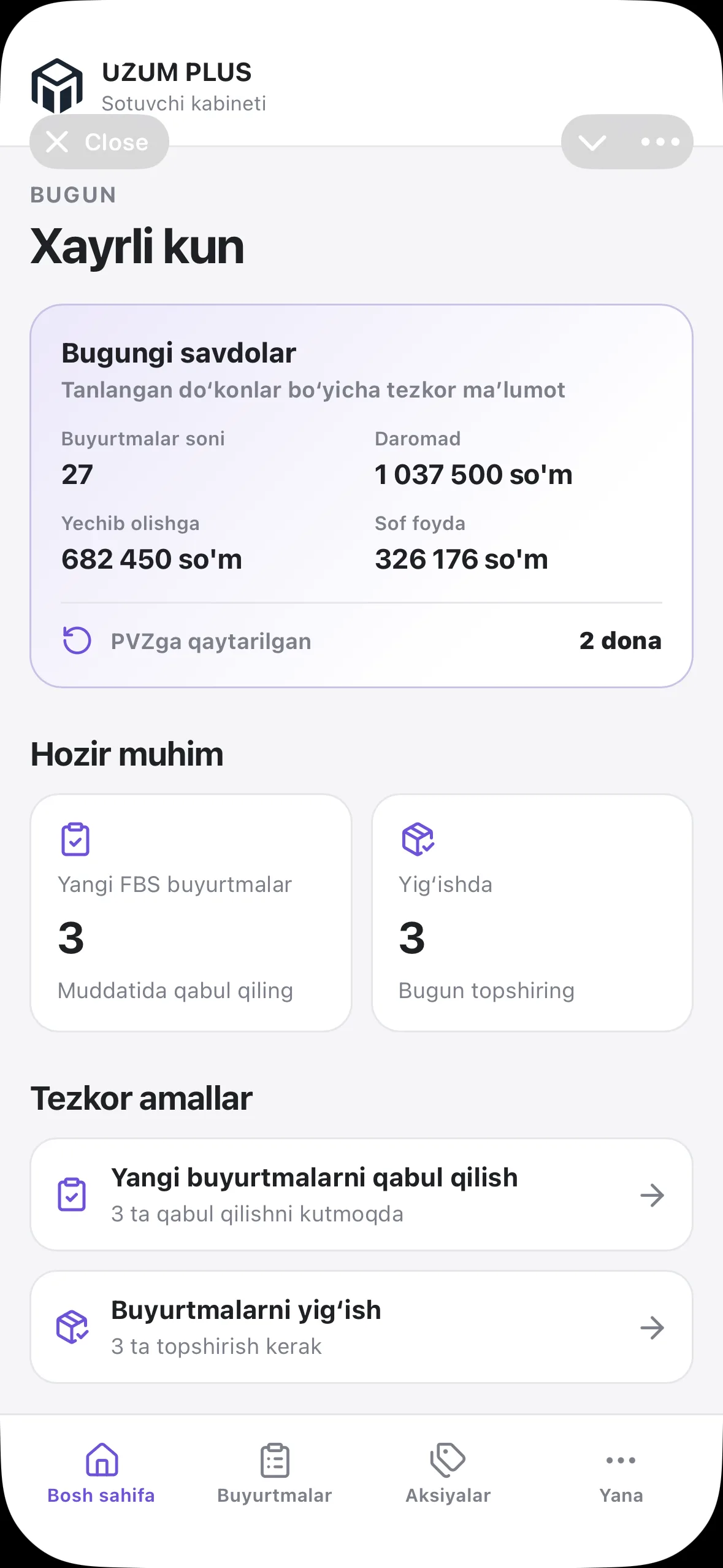 MarketPlus Telegram Mini App bosh sahifasidagi bugungi moliyaviy ko‘rsatkichlar